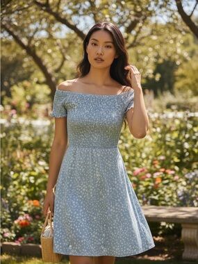 Pink Rose Blue Floral Smocked Mini Dress S